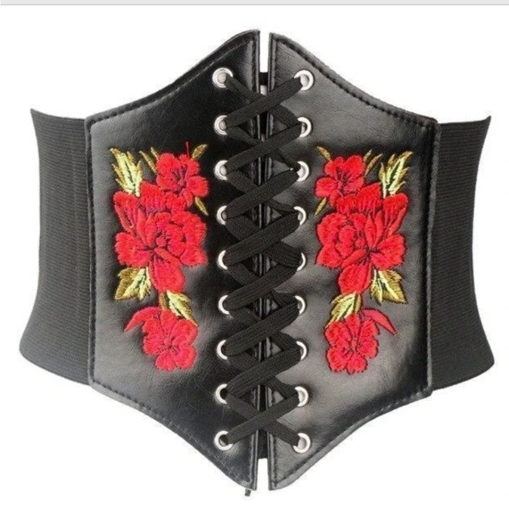 Corset Black Plus size Embroidered Wide Waist Belt Elastic cottage whimsigoth